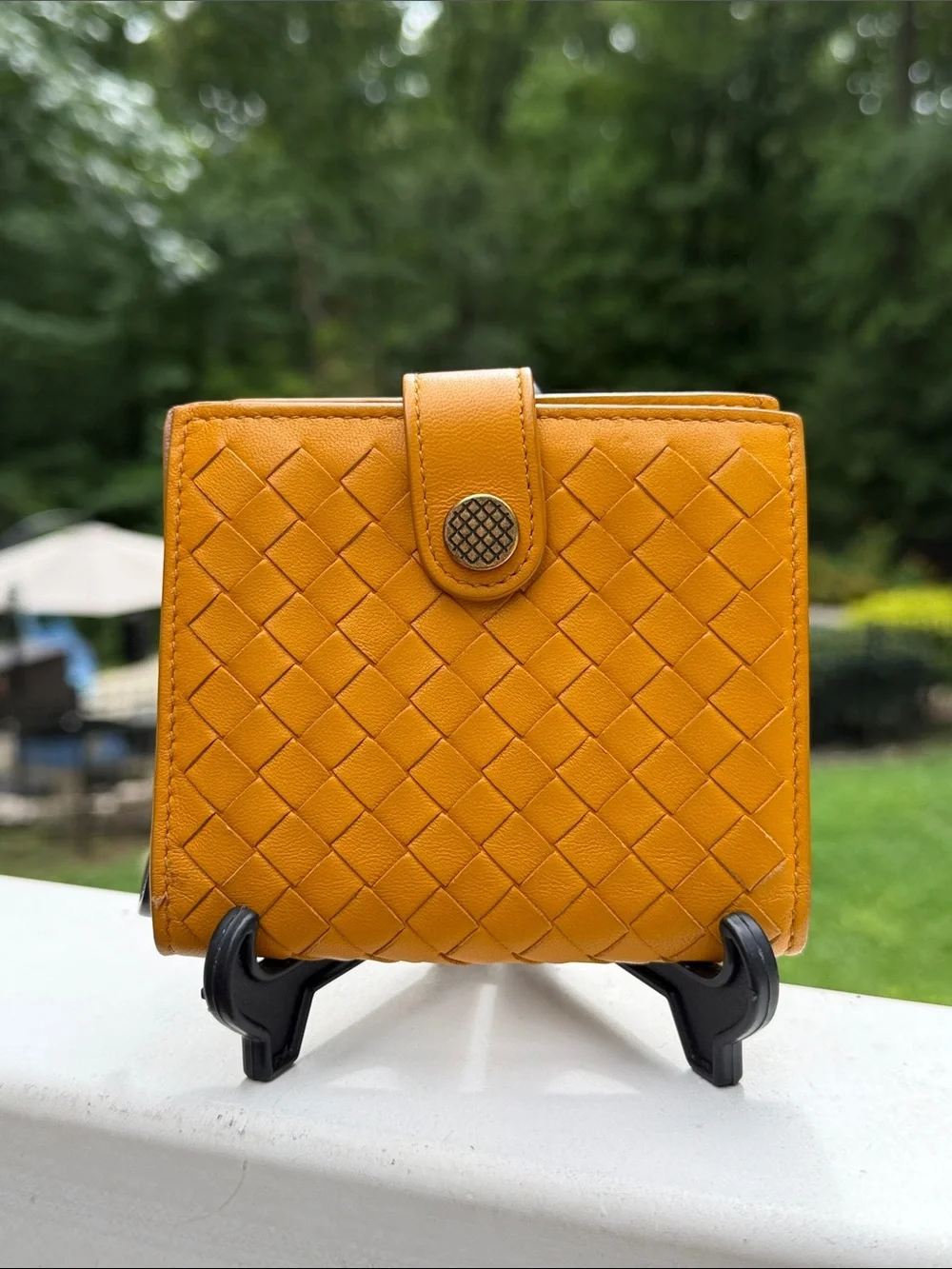Bottega Veneta Woven Leather Snap Wallet in Mustard GUC